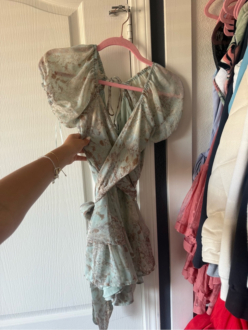 Floral Puff-Sleeve Wrap Mini Dress in Sage Green